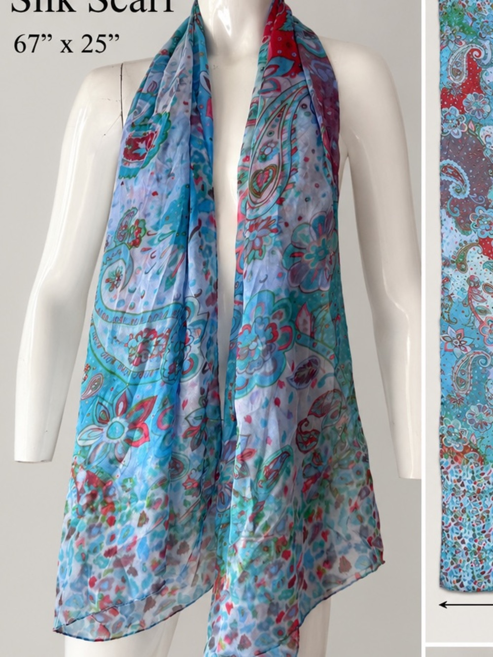 Silk Paisley Floral Scarf Wrap Turquoise Red Boho Lightweight 67” x 25”